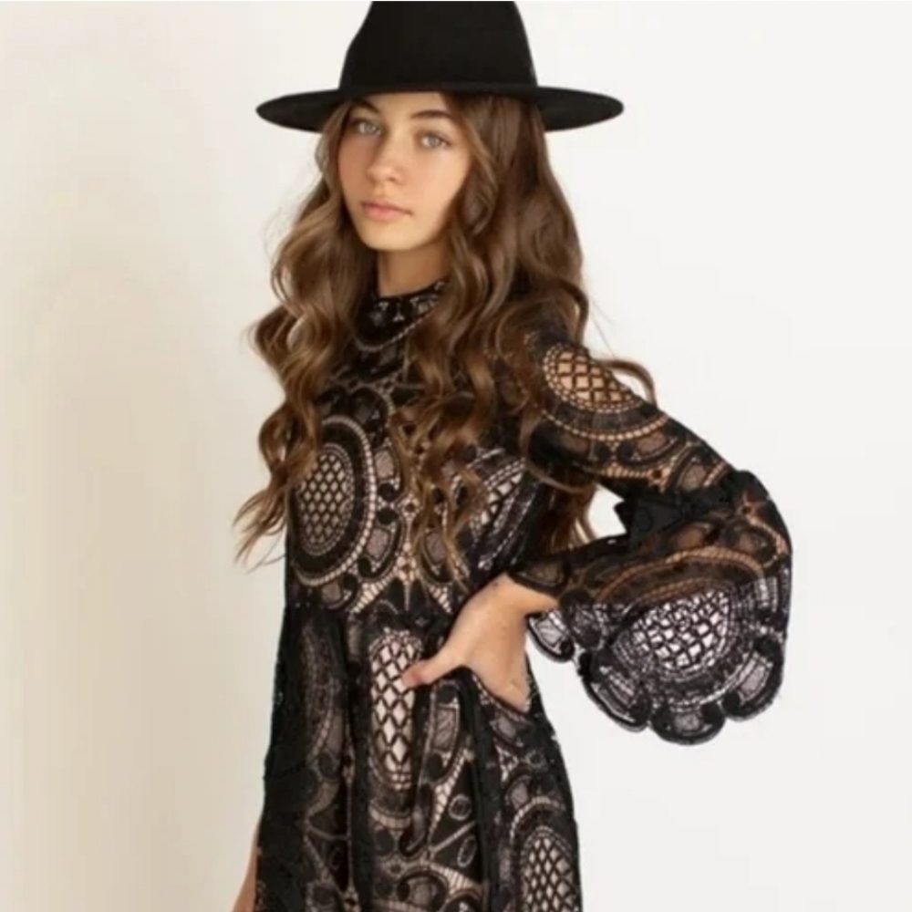 Joyfolie MIA JOY Black Lace Dress with Bell Sleeves, GIRLS 12